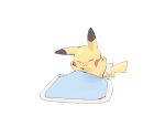  :3 animal_focus arms_up blanket closed_eyes closed_mouth commentary_request derigoo full_body happy highres no_humans partial_commentary pikachu pillow pokemon pokemon_(creature) simple_background sitting sketch smile solo stretching under_covers upper_body white_background 