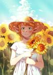  1girl blue_sky clouds dress dungeon_meshi elf flatamany flower green_eyes hat highres holding holding_flower looking_at_viewer marcille pointy_ears sky smile straw_hat sunflower white_dress 