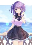  1girl black_skirt blue_sky blurry blurry_background bow breasts clouds collared_shirt commission day depth_of_field frilled_skirt frills hair_bow hand_up highres horizon multicolored_hair ocean original pink_bow pink_shirt puffy_short_sleeves puffy_sleeves purple_bow purple_hair shirai_tanuki shirt short_sleeves skeb_commission skirt sky sleeveless sleeveless_shirt small_breasts solo twitter_username two-tone_hair violet_eyes water wrist_cuffs 