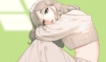  1girl alternate_costume brown_eyes grey_hair kantai_collection looking_at_viewer midriff off-shoulder_sweater off_shoulder open_mouth pants pola_(kancolle) shishanmo sitting solo sweater thick_eyebrows wavy_hair white_pants white_sweater 