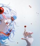  1girl bangs blue_hair bubble gawr_gura hand_up hololive hololive_english multicolored_hair parted_lips portrait quasarcake red_eyes red_nails redhead reflect_(gawr_gura) simple_background solo streaked_hair virtual_youtuber white_hair 