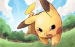  animal_focus blue_sky blush_stickers clouds commentary_request day derigoo fisheye forest full_body grass looking_at_viewer nature no_humans open_mouth orange_eyes outdoors pikachu pokemon pokemon_(creature) running sky solo tree 
