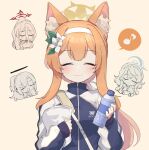  4girls ako_(blue_archive) animal_ear_fluff animal_ears blue_archive bottle closed_eyes closed_mouth facing_viewer flower hair_flower hair_ornament hair_ribbon hairband halo hasumi_(blue_archive) hasumi_(gym_uniform)_(blue_archive) holding holding_bottle holding_towel jacket light_blush long_hair long_sleeves mari_(blue_archive) mari_(gym_uniform)_(blue_archive) multicolored_clothes multicolored_jacket multiple_girls multiple_views musical_note orange_hair ribbon sidelocks simple_background smile solo_focus spoken_musical_note towel track_jacket two-tone_jacket water_bottle white_flower white_hairband white_ribbon wotakana_s yuuka_(blue_archive) yuuka_(gym_uniform)_(blue_archive) 