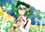  1girl ascot collared_shirt green_hair highres kazami_yuuka long_sleeves parasol plaid plaid_vest qqqrinkappp red_eyes red_vest shirt short_hair solo touhou traditional_media umbrella vest wavy_hair yellow_ascot 