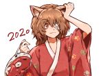  1other 2020 ametsukana_yago androgynous animal_ears bandage_over_one_eye brilliant_pagoda_or_haze_castle brown_hair cat_ears closed_mouth commentary_request hemo_(hemoroda) holding holding_mask japanese_clothes kemonomimi_mode kimono len&#039;en long_hair mask paw_print red_eyes red_kimono simple_background slit_pupils solo upper_body white_background 
