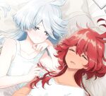  2girls ahoge bed closed_eyes collarbone drooling grey_eyes gundam gundam_suisei_no_majo indoors light_blush long_hair looking_at_another miorine_rembran multiple_girls open_mouth pillow playing_with_another&#039;s_hair redhead sakuraba_yuuki sleeping suletta_mercury thick_eyebrows under_covers white_hair yuri 