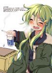  1girl beer_can black_serafuku box can cigarette closed_eyes commentary_request crescent crescent_hair_ornament crescent_pin fang fur-trimmed_jacket fur_trim green_hair green_jacket hair_ornament harukaze_unipo highres holding holding_can holding_cigarette jacket kantai_collection long_hair nagatsuki_(kancolle) necktie school_uniform serafuku simple_background smile solo translation_request white_background white_necktie 