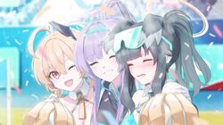  3girls ;d ahoge animal_ears black_hair blonde_hair bloom blue_archive blue_hairband blurry blurry_background blush cheerleader closed_eyes confetti detached_collar dog_ears eyewear_on_head grin hairband halo hibiki_(blue_archive) hibiki_(cheerleader)_(blue_archive) highres jwoo kotori_(blue_archive) kotori_(cheerleader)_(blue_archive) long_hair multiple_girls one_eye_closed ouendan outdoors pom_pom_(cheerleading) ponytail purple_hair sidelocks smile star_(symbol) sticker_on_face sweat upper_body utaha_(blue_archive) 