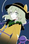  1girl black_headwear blue_background bow buttons collar diamond_button frilled_collar frills green_eyes green_hair grin hat hat_bow komeiji_koishi long_sleeves looking_at_viewer shirt short_hair simple_background smile solo teeth third_eye touhou valenciana_i yellow_bow yellow_shirt 