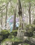  commentary_request day forest from_side highres izumi_asuka moss nature no_humans outdoors pokemon pokemon_(creature) red_eyes solo standing suicune tree tree_stump 