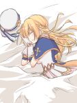  1girl bangs blonde_hair blue_capelet blush braid capelet closed_eyes closed_mouth commentary_request dress french_braid gloves hat_ornament highres long_hair pillbox_hat ragnarok_masters ragnarok_online saint_(ragnarok_masters) sketch sleeping solo star_(symbol) star_hat_ornament tomo-graphy under_covers upper_body white_dress white_gloves white_headwear 