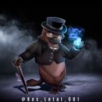  animal brown_eyes cane cape chain formal furry glasses hat highres magic non-web_source original platypus smile suit tail top_hat webbed_feet webbed_hands 