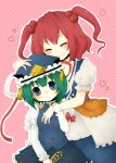  1st-mn 2girls balance_scale black_skirt blue_eyes blue_headwear blue_vest closed_eyes closed_mouth epaulettes frilled_hat frills green_hair hair_bobbles hair_ornament hat heart holding hug long_sleeves looking_at_viewer multiple_girls onozuka_komachi pink_background polka_dot polka_dot_background redhead ribbon-trimmed_skirt ribbon_trim rod_of_remorse sash shiki_eiki short_hair skirt smile standing touhou two_side_up vest weighing_scale 