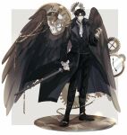  1boy black_eyes black_wings border chain clock clockwork evl_1230 full_body heterochromia highres holding holding_hands holding_pocket_watch holding_sword holding_weapon horns looking_at_viewer male_focus omniscient_reader&#039;s_viewpoint outside_border pocket_watch solo sword watch weapon wings yellow_eyes yoo_joonghyuk 