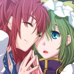  2girls blue_eyes close-up closed_eyes closed_mouth frilled_hat frills green_hair hat holding_hands kitsune_maru looking_at_viewer multiple_girls one_eye_closed onozuka_komachi open_mouth redhead shiki_eiki smile touhou upper_body 