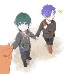  1other 2boys aged_down blue_hair bug butterfly byleth_(fire_emblem) byleth_eisner_(male) dagger fire_emblem fire_emblem:_three_houses fire_emblem_warriors:_three_hopes green_hair hair_over_one_eye highres holding_hands knife korean_commentary long_sleeves looking_at_animal looking_at_viewer male_child male_focus mu_nak multiple_boys pov pulled_by_another purple_hair sheath sheathed shez_(fire_emblem) shez_(fire_emblem)_(male) short_hair violet_eyes weapon white_background 