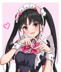  1girl :d akiba_maid_sensou animal_ears bangs black_dress black_hair blush bow bowtie dress eyelashes fake_animal_ears fang hands_up heart heart_hands highres long_hair looking_at_viewer maid maid_headdress moe_moe_kyun! pig_ears pig_snout pink_bow pink_bowtie puffy_short_sleeves puffy_sleeves short_sleeves skin_fang smile solo takanashi_kei_(hitsujikan) twintails upper_body violet_eyes wrist_cuffs yumechi_(akiba_maid_sensou) 