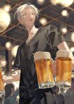  1boy 1girl 2022 2others alcohol apron beer beer_mug black_shirt blurry blurry_background collarbone cup foam highres indoors izakaya lantern mug multiple_others open_mouth original shirt solo_focus standing teeth ugonba_(howatoro) upper_teeth waist_apron white_hair 