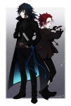  2boys alternate_costume ar_(rikuesuto) belt black_footwear black_hair black_hoodie black_jacket black_pants black_shirt blue_eyes forehead holding holding_sword holding_weapon hood hoodie jacket kamado_tanjirou kimetsu_no_yaiba long_hair long_sleeves male_focus multiple_boys open_mouth pants red_eyes redhead shirt shoes sword tomioka_giyuu weapon 