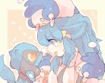  1girl :d blue_eyes blue_hair bracelet eyes_visible_through_hair hair_ornament half_updo hands_up hikari_(pokemon) holding holding_hair jewelry katiko mime_jr. open_mouth pokemon pokemon_(creature) pokemon_(game) pokemon_dppt riolu round_teeth smile teeth 