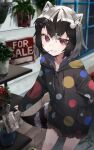  1girl animal_ears black_hair black_hoodie blush bow casual commentary_request common_raccoon_(kemono_friends) dress frilled_hoodie grey_hair hair_bow highres hood hoodie kemono_friends long_sleeves looking_at_viewer multicolored_hair nanana_(nanana_iz) polka_dot polka_dot_hoodie raccoon_ears raccoon_girl raccoon_tail red_eyes smile solo sweater sweater_dress tail watering_can 