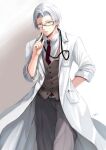 1boy brown_vest doctor forehead glasses grey_hair grey_pants long_sleeves male_focus mirin_pengin pointing_at_self red_necktie short_hair solo tears_of_themis tears_of_themisvyn_richter_(tears_of_themis) white_hair white_jacket yellow_eyes