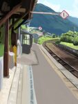  absurdres arknights blue_sky clouds day highres mountain no_humans outdoors railroad_tracks rylaera scenery sky train_station train_station_platform tree 