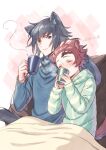  2boys ^_^ animal_ears ar_(rikuesuto) blanket blue_eyes blue_hair blue_shirt blue_sweater cat_boy cat_ears cat_tail closed_eyes cup drinking drinking_glass glass hair_between_eyes kamado_tanjirou kimetsu_no_yaiba long_hair long_sleeves male_focus multiple_boys redhead shirt sweater tail tomioka_giyuu 