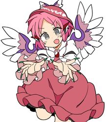  1girl animal_ears bird_ears bird_wings blush brown_dress brown_headwear dress earrings fang fingernails frilled_dress frilled_sleeves frills green_nails grey_eyes hat highres ini_(inunabe00) jewelry long_fingernails long_sleeves mystia_lorelei nail_polish open_mouth pink_hair sharp_fingernails short_hair simple_background single_earring skin_fang smile solo touhou white_background white_wings winged_hat wings 