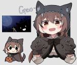  1girl alternate_costume animal_hands bangs black_capelet brown_eyes brown_hair candy capelet claws dagger ears_through_headwear fang food full_moon gao gloves gyaheung hair_ornament hairclip halloween halloween_bucket hololive hololive_english knife long_hair moon multicolored_hair multiple_views nanashi_mumei paw_gloves ribbon shirt silhouette smile smol_mumei streaked_hair tail very_long_hair virtual_youtuber weapon white_shirt wolf_hood wolf_tail 