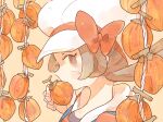  1girl bow brown_eyes brown_hair cabbie_hat eating fingernails hand_up hat hat_bow holding katiko lyra_(pokemon) pokemon pokemon_(game) pokemon_hgss red_bow solo teeth twintails upper_body white_headwear 