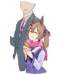  1boy 1girl ^_^ animal_ears bangs blush bow brown_hair closed_eyes closed_mouth collared_shirt faceless faceless_male food food_on_face hair_between_eyes hair_bow holding holding_food horse_ears horse_girl horse_tail jacket kogomiza medium_hair necktie pink_necktie purple_shirt purple_skirt sailor_collar scar school_uniform shirt skirt smart_falcon_(umamusume) smile steam tail tracen_school_uniform trainer_(umamusume) twintails umamusume upper_body white_background 