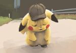  animal_focus blush_stickers brown_headwear bush cabbie_hat closed_eyes clothed_pokemon commentary_request day detective_pikachu detective_pikachu_(character) ears_down fence gerigoo hat highres no_humans open_mouth outdoors pikachu pokemon road sketch solo u_u walking wrinkled_frown_(detective_pikachu) 