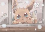  against_glass animal_focus blue_eyes blush breath clock commentary_request eevee gerigoo hand_up highres indoors looking_at_viewer no_humans open_mouth pawpads pokemon pokemon_(creature) sketch snowing straight-on window winter 