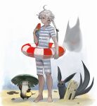  &gt;:( 1boy ahoge alphinaud_leveilleur alternate_costume bangs barefoot beach braid carbuncle_(final_fantasy) earrings elezen elf final_fantasy final_fantasy_xiv food from_side frown fruit full_body grey_hair hair_ribbon holding holding_food holding_fruit innertube jewelry long_hair looking_afar male_focus one-piece_swimsuit otter outdoors pointy_ears ponytail ribbon sand_castle sand_sculpture single_braid solo standing striped striped_one-piece_swimsuit swimsuit tomatika v-shaped_eyebrows watermelon watermelon_slice 