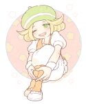  1girl 2017 ;d antenna_hair beret bianca_(pokemon) blonde_hair dated full_body green_eyes green_headwear hair_flaps hat katiko no_nose one_eye_closed open_mouth orange_pantyhose pantyhose pokemon pokemon_(game) pokemon_bw puffy_short_sleeves puffy_sleeves shoes short_sleeves single_horizontal_stripe sitting skirt smile solo teeth twitter_username white_footwear white_skirt white_wristband wristband 