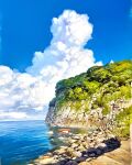  blue_sky boat cliff clouds cloudy_sky commentary_request day fukui_prefecture highres horizon landscape mixed-language_commentary no_humans original outdoors real_world_location rock scenery shore sky traditional_media water watercraft yohichi_n 