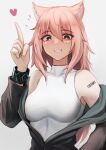  1girl animal_ear_fluff animal_ears arknights bangs barcode barcode_tattoo bare_shoulders blush breasts brown_eyes gravel_(arknights) hair_between_eyes jacket krirk long_hair looking_at_viewer mouse_ears open_mouth pink_hair simple_background smile solo tattoo white_background 