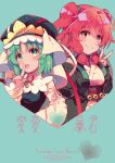  2girls :d alternate_costume black_headwear closed_mouth green_eyes green_hair hair_bobbles hair_ornament index_finger_raised looking_at_viewer multiple_girls onozuka_komachi open_mouth red_eyes redhead shiki_eiki smile touhou two_side_up upper_body v yamadori_ofuu 