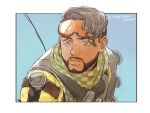  1boy apex_legends bishoujo_senshi_sailor_moon blue_background bodysuit border brown_eyes brown_hair checkered_clothes checkered_scarf dated derivative_work facial_hair goatee goggles goggles_on_head green_scarf highres male_focus meme mirage_(apex_legends) mudu parted_lips portrait sailor_moon_redraw_challenge_(meme) scar scar_across_eye scarf screencap_redraw solo twitter_username white_border yellow_bodysuit 