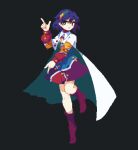  1girl 4qw5 blue_hair boots cape cloak dress multicolored_clothes multicolored_dress multicolored_hairband patchwork_clothes pink_footwear pixel_art pointing pointing_down rainbow_gradient short_hair solo tenkyuu_chimata violet_eyes white_cape white_cloak yellow_bag yellow_sleeves zipper 