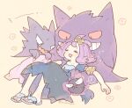  1girl acerola_(pokemon) armlet blanket dress evolutionary_line flat_chest flip-flops flipped_hair flower gastly gengar hair_ornament haunter katiko medium_hair no_nose open_mouth patchwork_clothes pokemon pokemon_(creature) pokemon_(game) pokemon_sm purple_hair sandals short_sleeves smile stitches topknot tucking_in twitter_username yellow_background 