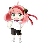  1girl :d ahoge anya_(spy_x_family) bangs black_shorts carrying carrying_under_arm collared_shirt dodgeball green_eyes gym_shirt gym_shorts gym_uniform hair_between_eyes hand_on_hip headband highres kuena loafers long_hair looking_at_viewer pink_hair red_headband shirt shoes short_sleeves shorts simple_background smile socks solo spy_x_family standing v-shaped_eyebrows white_background white_footwear white_shirt white_socks 