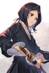  1girl absurdres black_hair bleach breasts hair_between_eyes hakama highres holding japanese_clothes kuchiki_rukia long_hair shinigami short_hair simple_background small_breasts solo sword tomaton_(t_0) violet_eyes weapon 