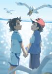  2boys :d ash_ketchum bangs bird black_hair blue_eyes blue_jacket brown_eyes closed_mouth day goh_(pokemon) hat highres holding_hands jacket male_focus minato_(mntnm) multiple_boys open_mouth outdoors pokemon pokemon_(anime) pokemon_(creature) pokemon_journeys red_headwear shirt short_hair short_sleeves shorts sleeveless sleeveless_jacket smile teeth upper_teeth white_shirt white_shorts wingull 