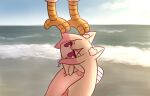  1girl 1other animal animal_ear_fluff animalization bangs beach blonde_hair fish fox hair_between_eyes holding holding_animal kemomimi-chan_(naga_u) naga_u ocean original outdoors pov pov_hands sand sunset v-shaped_eyebrows violet_eyes water 