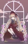  199993 1girl bangs blonde_hair blue_eyes bonnet closed_mouth clouds dress drill_hair expressionless flower highres long_hair looking_to_the_side pink_flower pink_rose red_dress rose rozen_maiden shinku solo twintails 