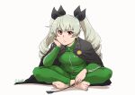  1girl anchovy_(girls_und_panzer) artist_name bangs black_cape black_ribbon brown_eyes cape character_name closed_mouth commentary drill_hair frown full_body girls_und_panzer green_hair green_jacket green_pants hair_ribbon hand_on_own_face head_rest highres holding indian_style jacket leaning_forward long_hair long_sleeves looking_at_viewer pants ribbon riding_crop satou_yasu shadow signature simple_background sitting solo track_jacket track_pants translated twin_drills twintails white_background 