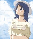  1girl aoneco bangs bikini bikini_under_clothes black_bikini blue_eyes blue_hair blue_sky character_name clothes_writing clouds cloudy_sky commentary copyright_name cropped_shirt freckles girls_und_panzer hat long_hair looking_to_the_side parted_lips see-through shirt short_sleeves sky solo sweat swimsuit t-shirt translated upper_body white_headwear white_shirt yamagou_ayumi 