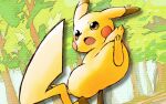  animal_focus blush_stickers brown_eyes commentary_request day derigoo dutch_angle forest full_body jumping nature no_humans open_mouth outdoors pikachu pokemon pokemon_(creature) solo tree 